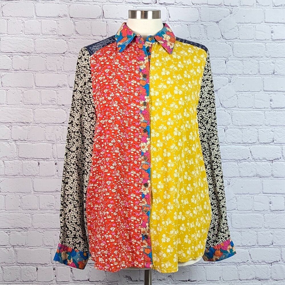 Natural Life Sz XL Patchwork Button Front Shirt Multi Color Boho Art-to-Wear
